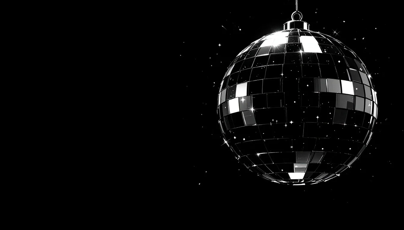 Editorial illustration: A polished disco ball suspended in stark darkness, its geometric facets catching sharp, fragmented l — MonstarX