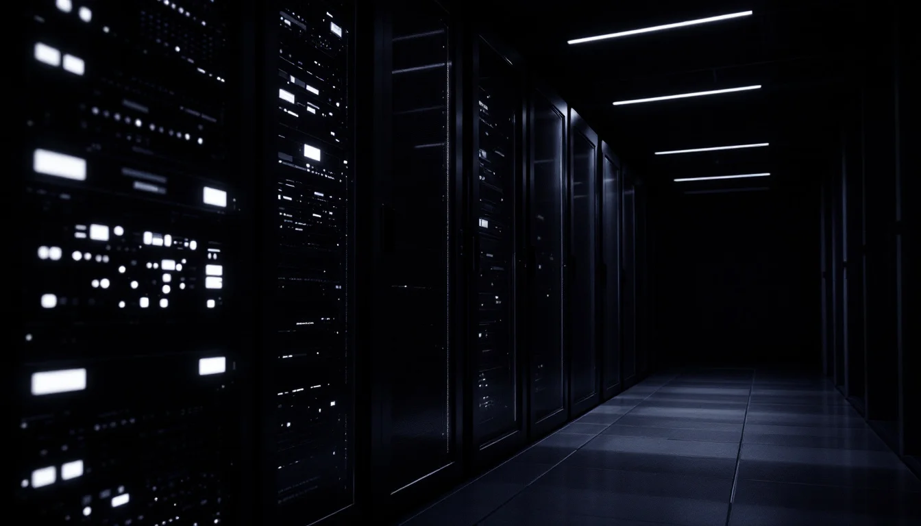 Editorial illustration: A dimly lit server room with rows of equipment racks, their indicator lights casting small points of — MonstarX