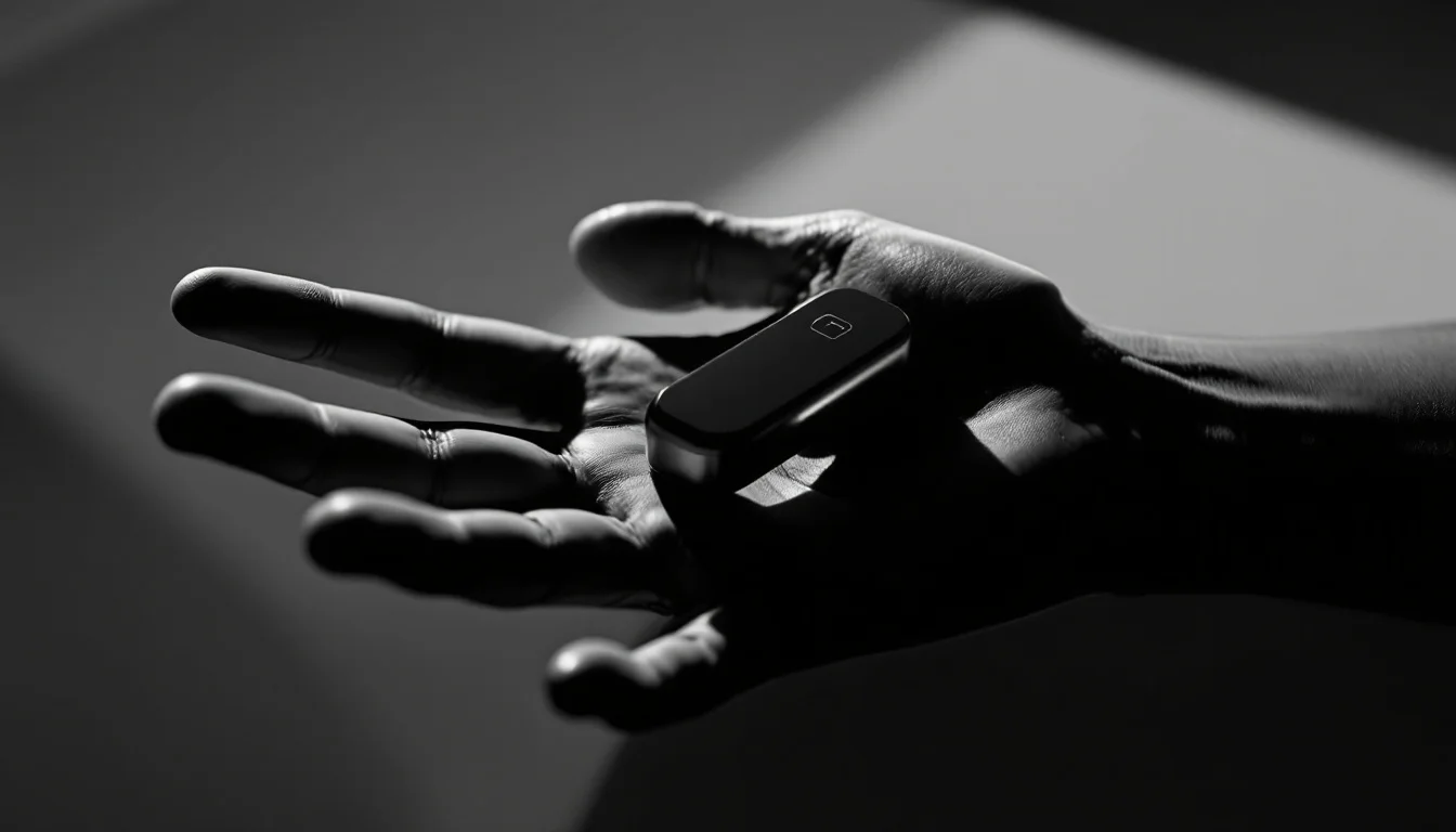 Editorial illustration: A small wearable device resting on an open palm or minimal surface, shot in stark black-and-white wi — MonstarX