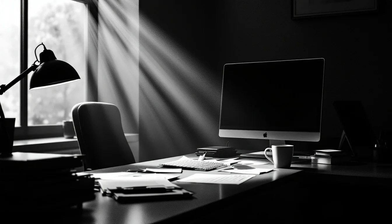 Editorial illustration: A half-empty office desk with an abandoned chair, a single monitor glowing faintly in dim light, sca — MonstarX