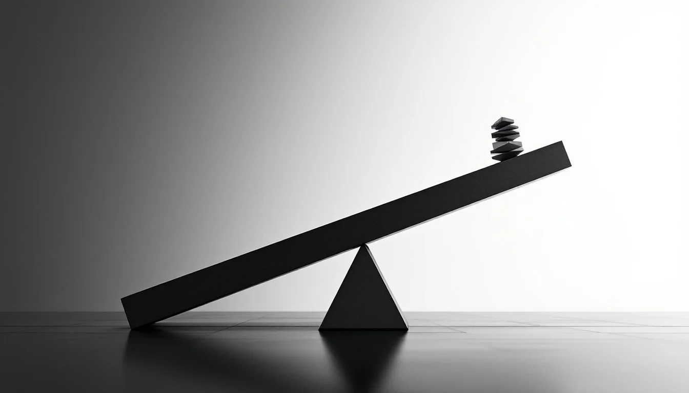 Editorial illustration: A sleek laboratory scale or balance beam, tilted dramatically upward on one side, with geometric wei — MonstarX