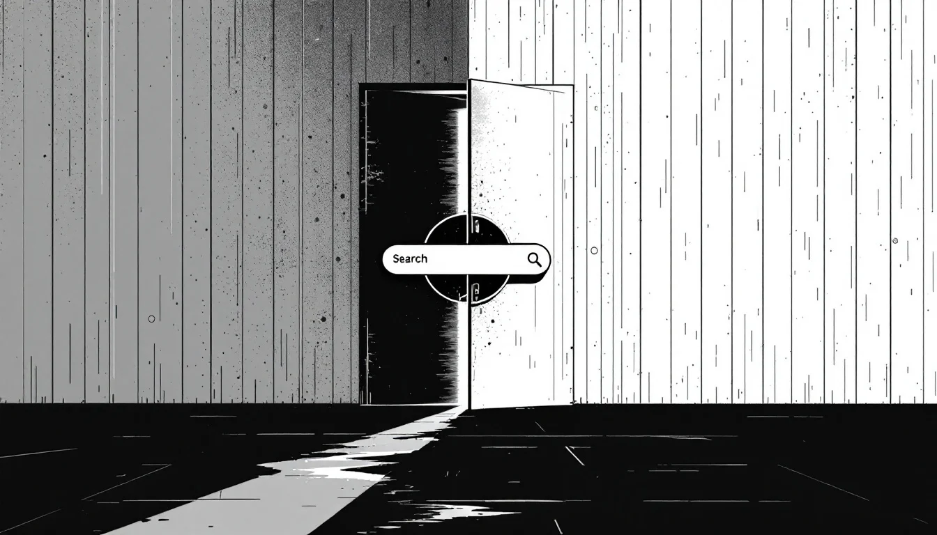 Editorial illustration: A closed door or barrier viewed head-on, with a search icon or magnifying glass positioned just outs — MonstarX