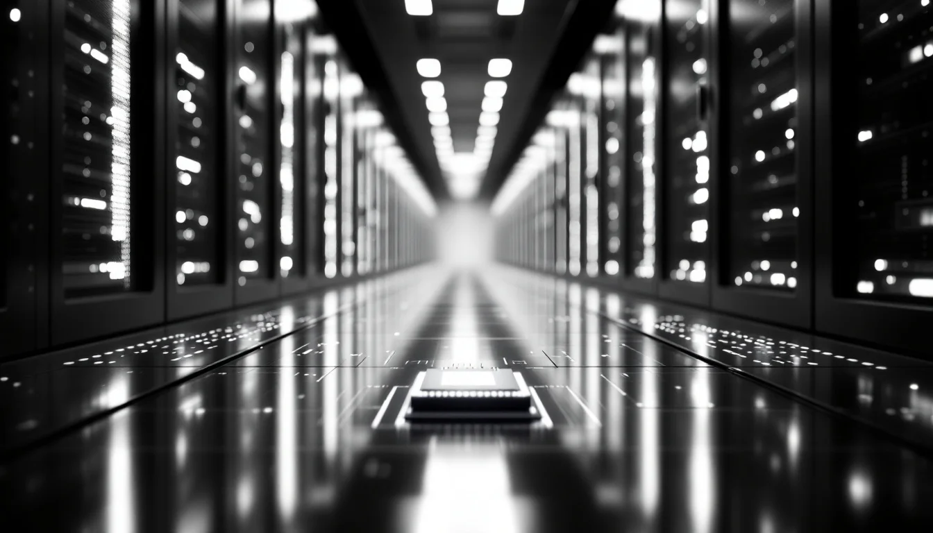 Editorial illustration: A sleek server rack or data center corridor photographed head-on, with dramatic side lighting castin — MonstarX