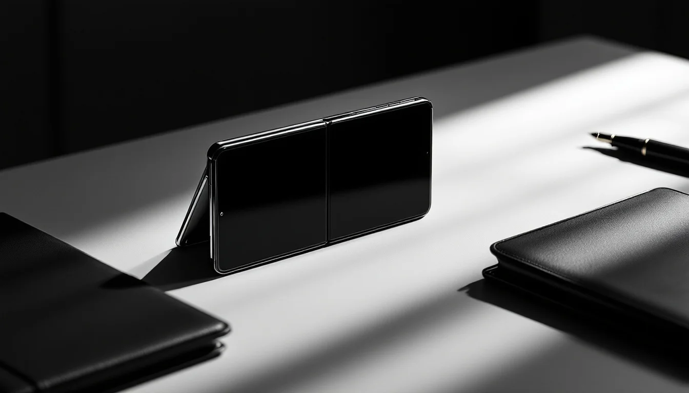 Editorial illustration: A foldable smartphone in its open position, displayed at a slight angle on a minimalist desk surface — MonstarX