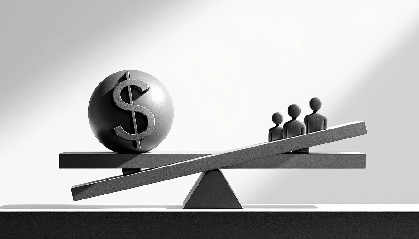 Editorial illustration: A precision scale or balance beam in stark black and white, tilted slightly as a heavy weight marked — MonstarX
