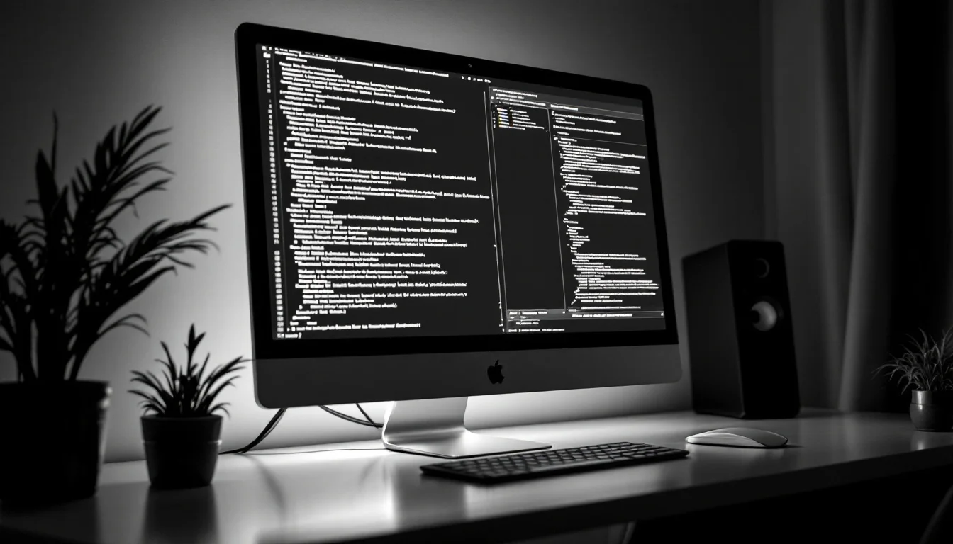 Editorial illustration: A glowing computer terminal screen displaying cascading lines of code and interface elements, with a — MonstarX