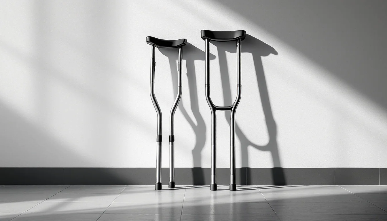 Editorial illustration: A pair of crutches leaning against a blank wall, one noticeably newer and sleeker than the other, ca — MonstarX