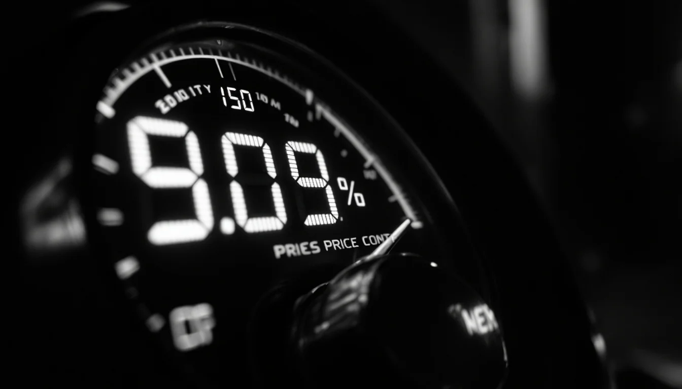 Editorial illustration: A utility meter or gas pump display frozen mid-transaction, its digital readout glowing against dark — MonstarX