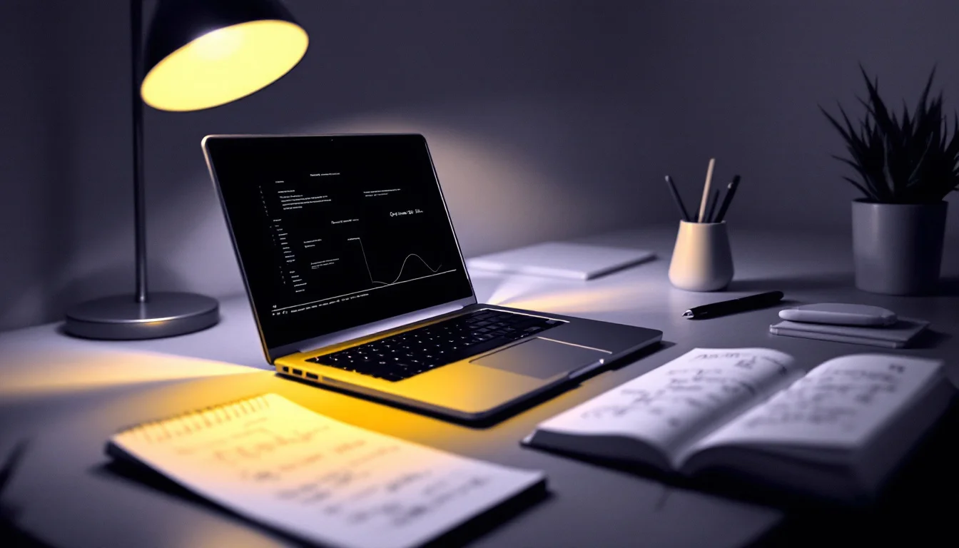 Editorial illustration: A desk lamp casting warm light over an open laptop screen, its glow illuminating a notebook filled w — MonstarX
