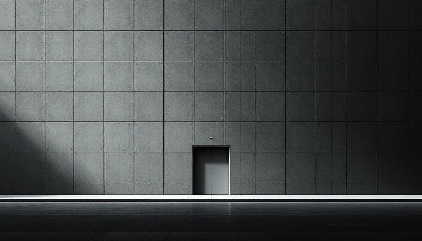 Editorial illustration: A massive concrete data center facade photographed from a low angle, its featureless wall dominating — MonstarX