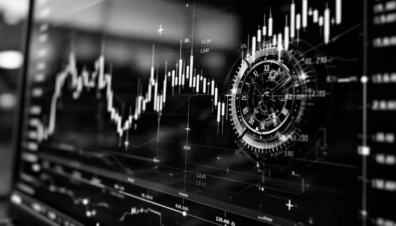 Editorial illustration: A close-up of a trading terminal screen displaying candlestick charts and price movements, with a me — MonstarX