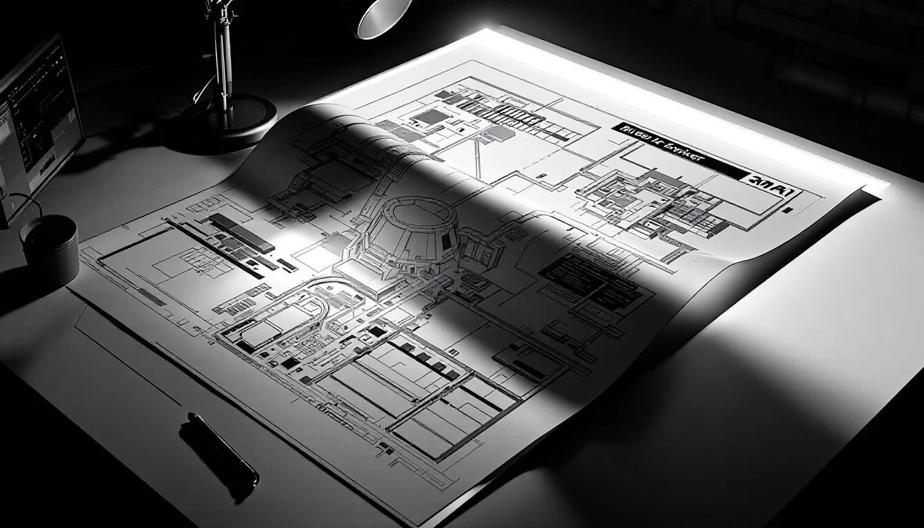 Editorial illustration: A blueprint or architectural schematic spread across a drafting table, illuminated from above with a — MonstarX