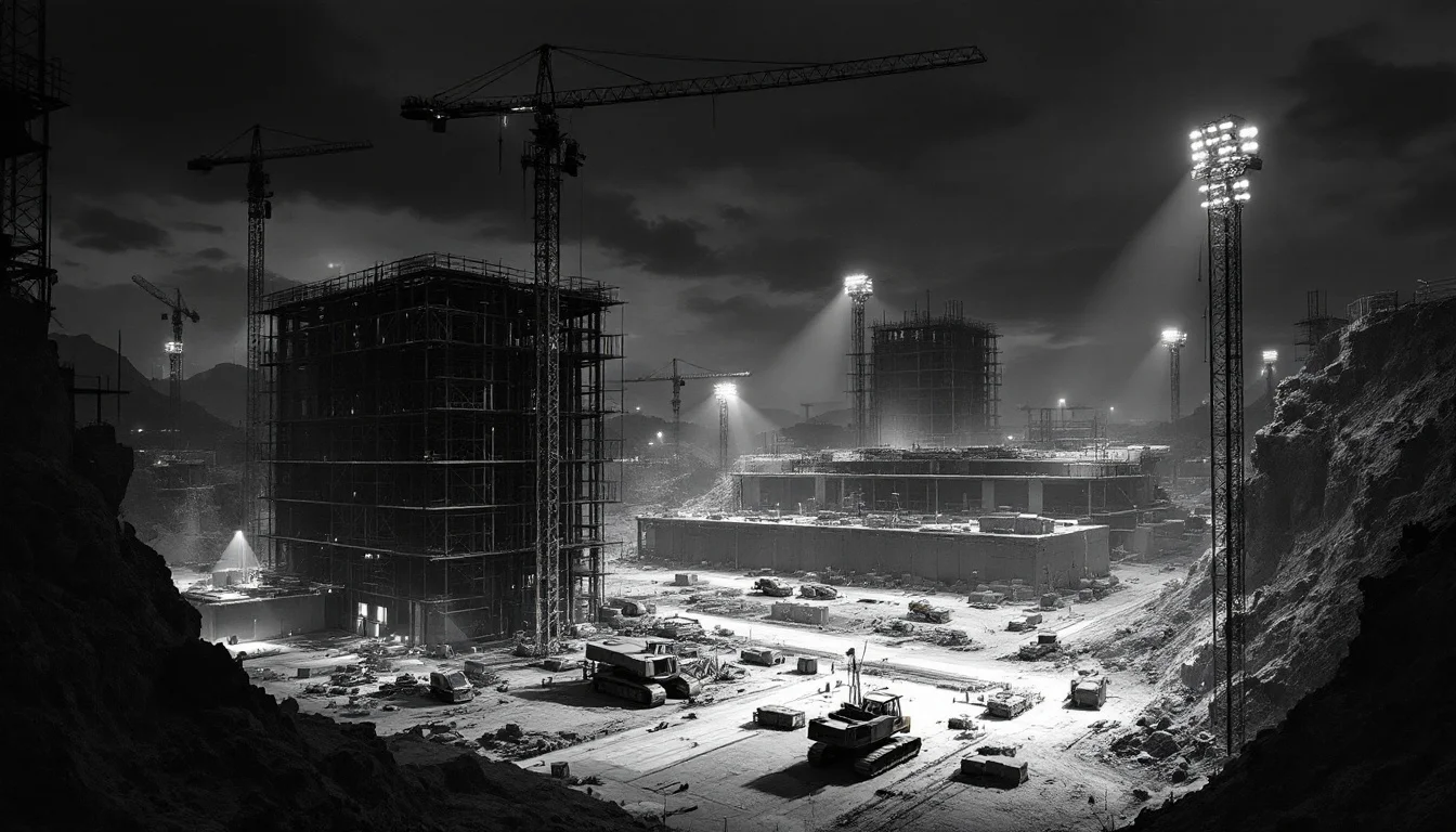 Editorial illustration: A massive construction site viewed from above at dusk, with excavators and steel framework rising ag — MonstarX