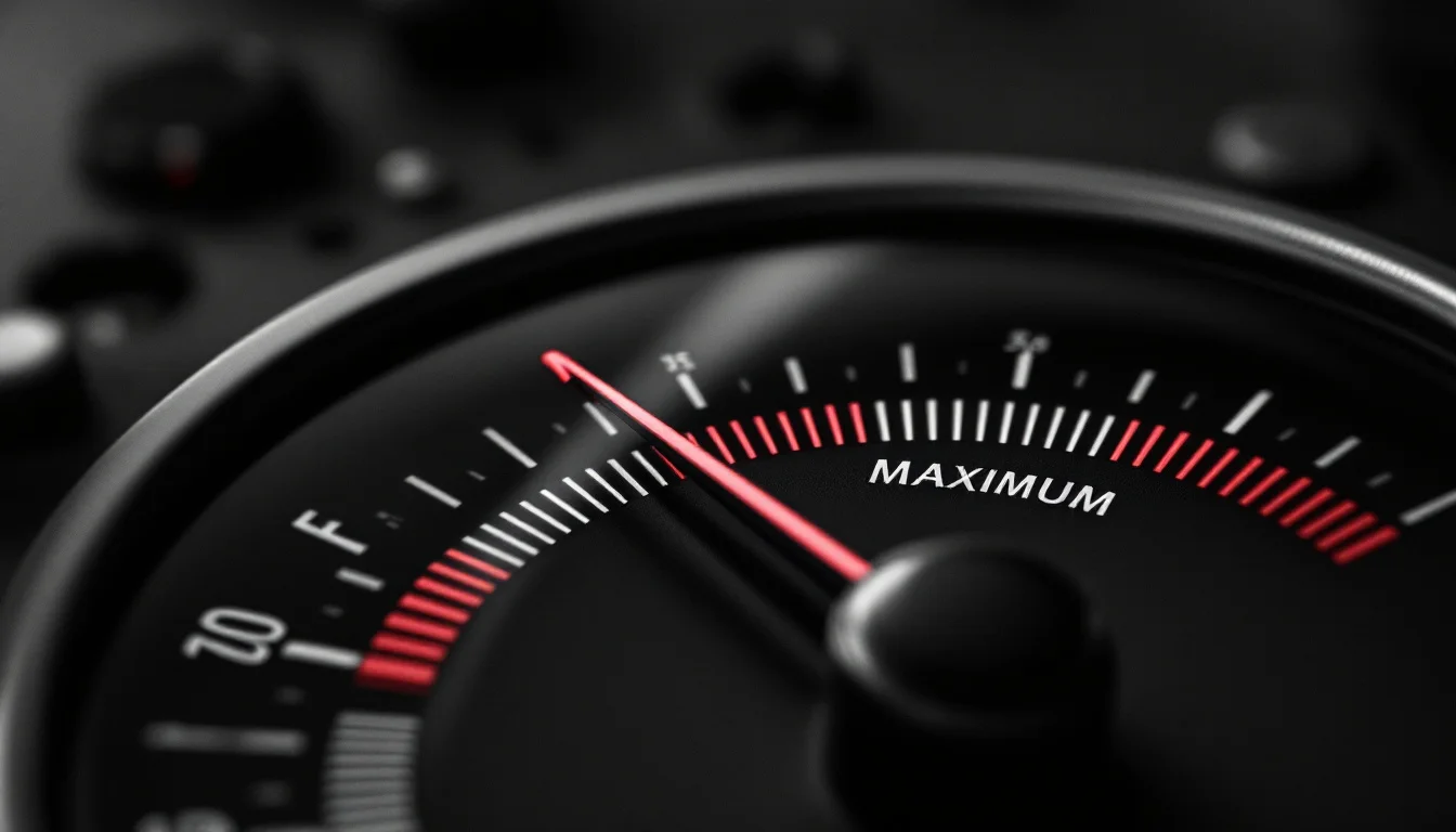 Editorial illustration: A meter or gauge needle pinned at maximum, with the dial's red zone prominently featured—suggesting  — MonstarX
