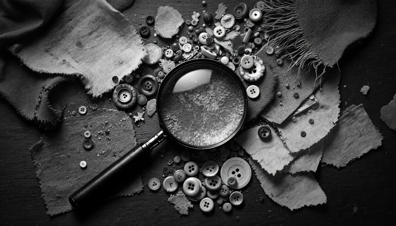 Editorial illustration: A magnifying glass positioned over a scattered collection of worn fabric swatches, aged buttons, and — MonstarX
