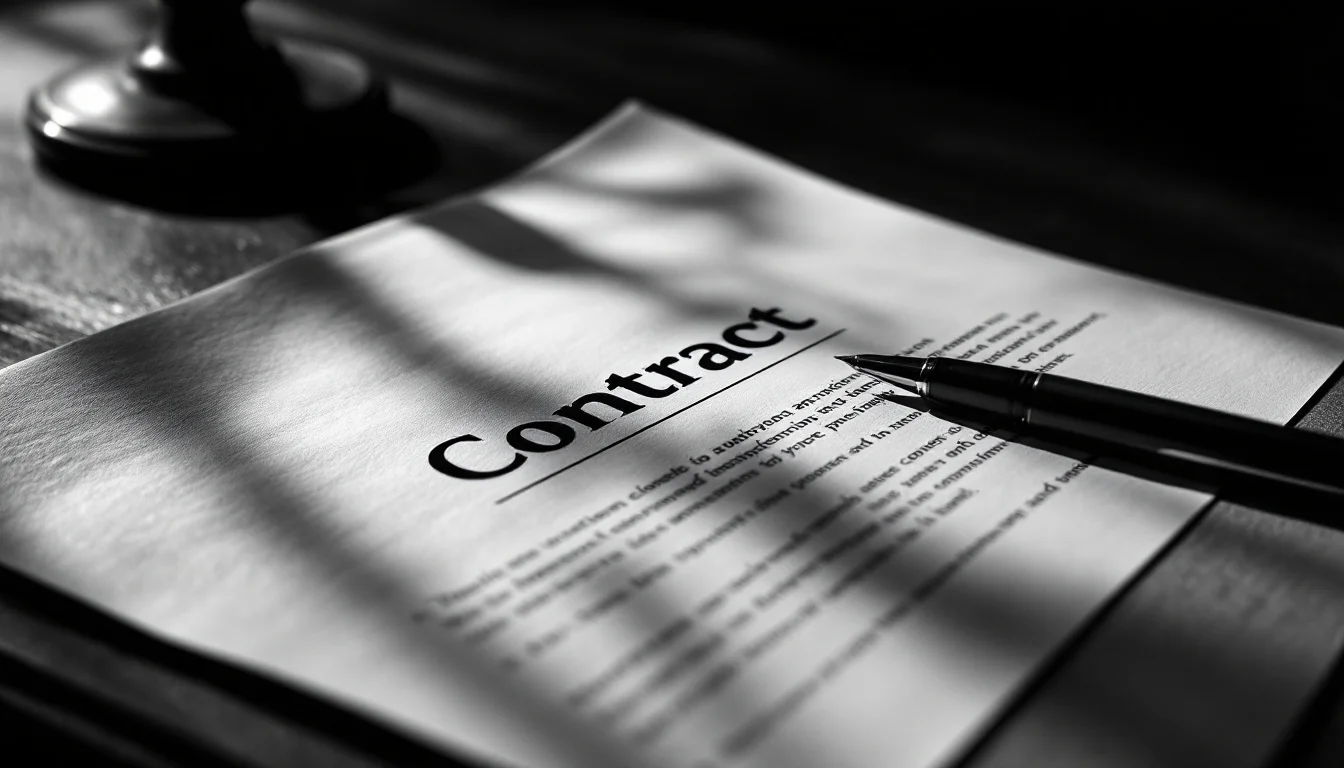 Editorial illustration: A formal contract or agreement document lying open on a desk, with a pen positioned at the signature — MonstarX