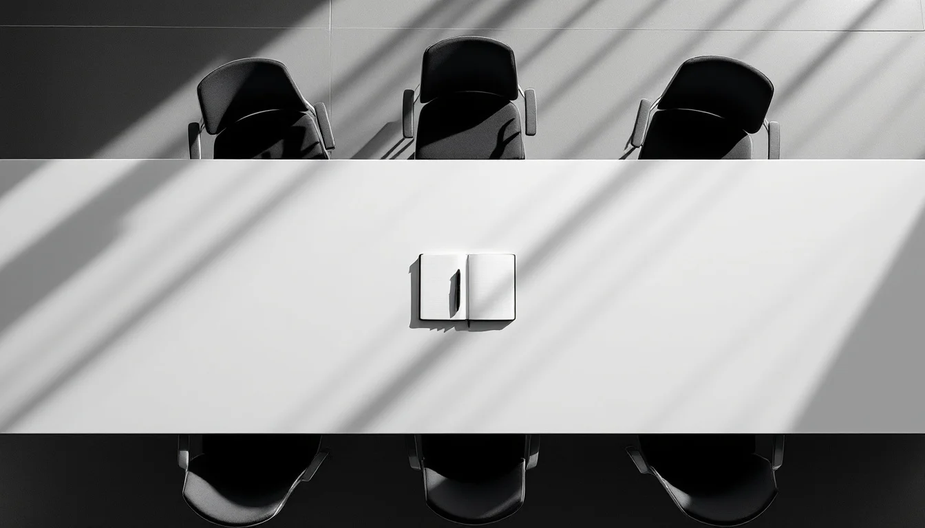 Editorial illustration: A sleek conference table photographed from above, with a single open notebook and pen positioned at  — MonstarX
