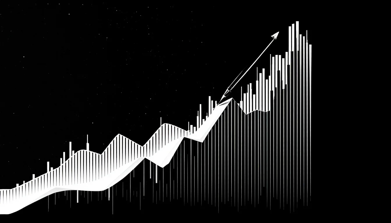 Editorial illustration: A steep upward-trending graph or stock chart rendered in bold lines, with the baseline anchored to a — MonstarX