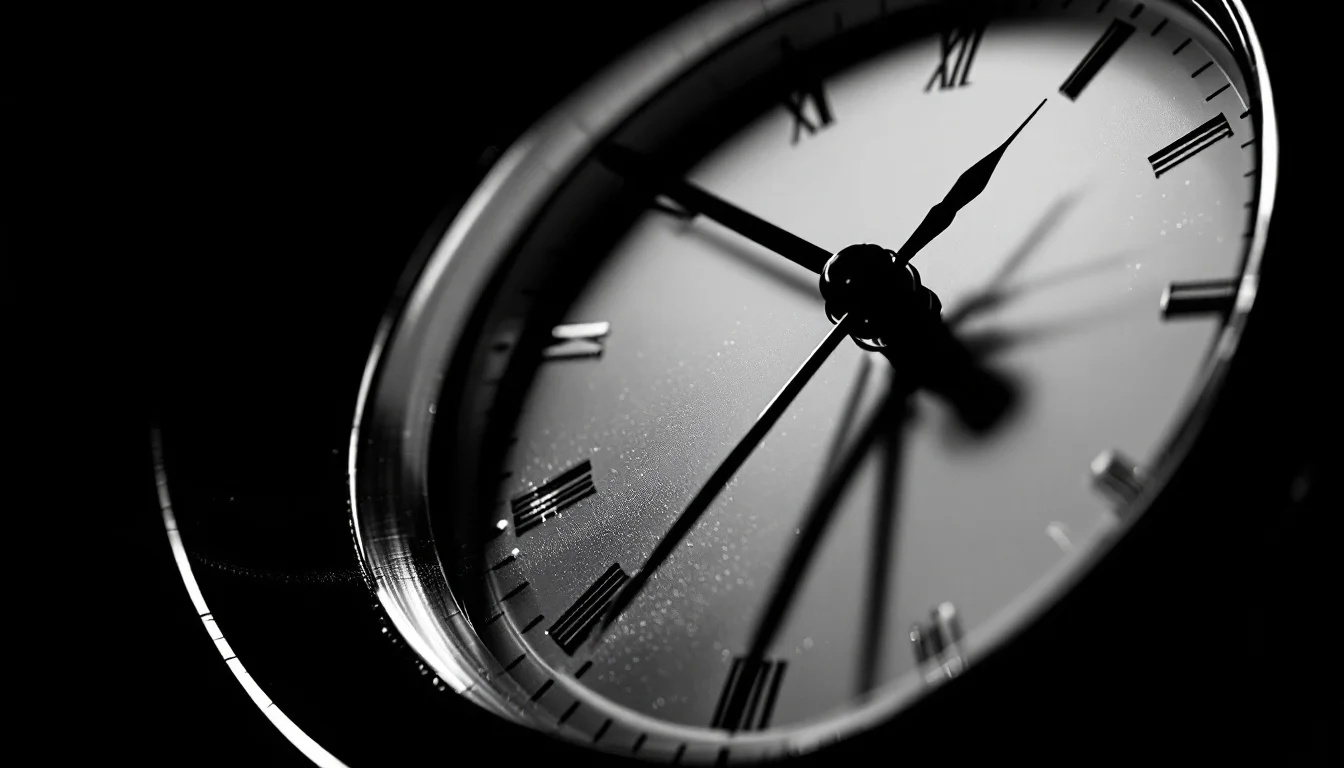 Editorial illustration: A deadline clock or timer mechanism in extreme close-up, its hands approaching midnight, photographe — MonstarX