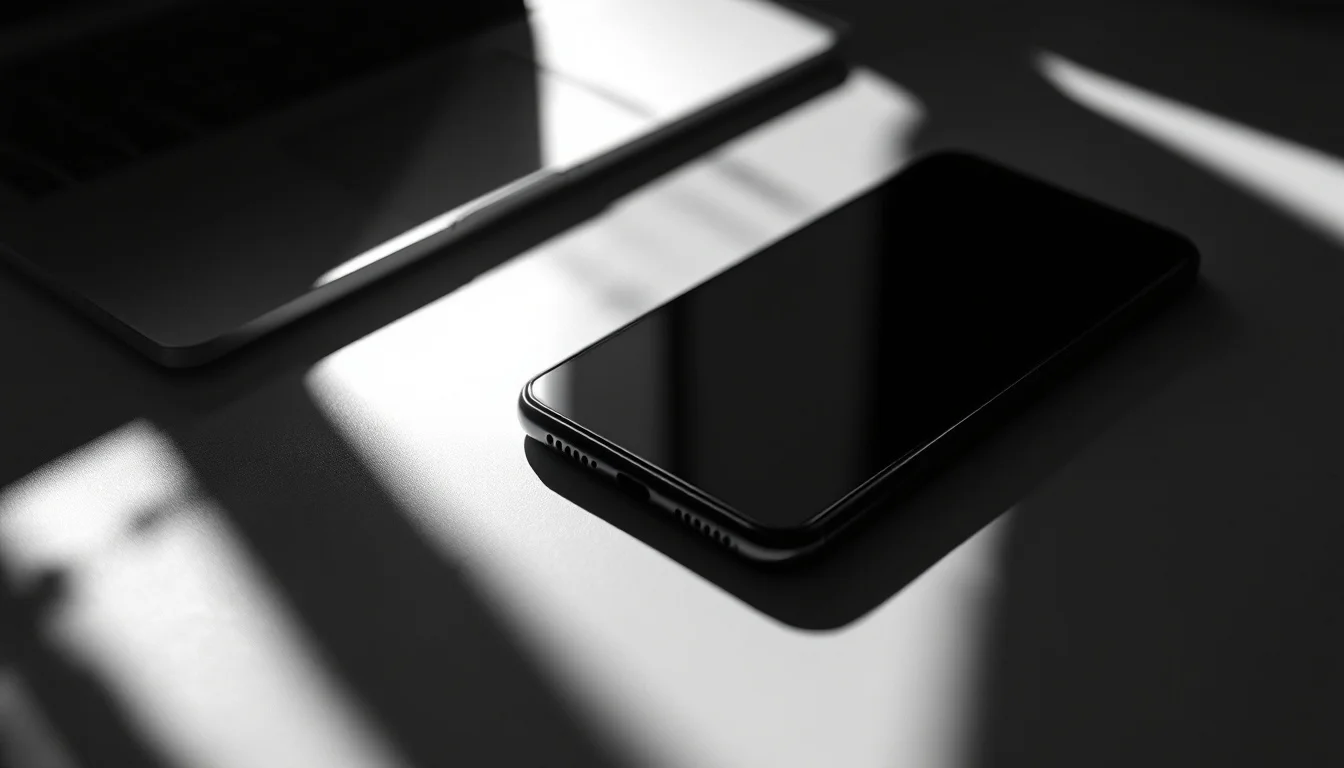 Editorial illustration: A smartphone lying face-down on a desk, its dark screen turned away, beside an open laptop or notebo — MonstarX