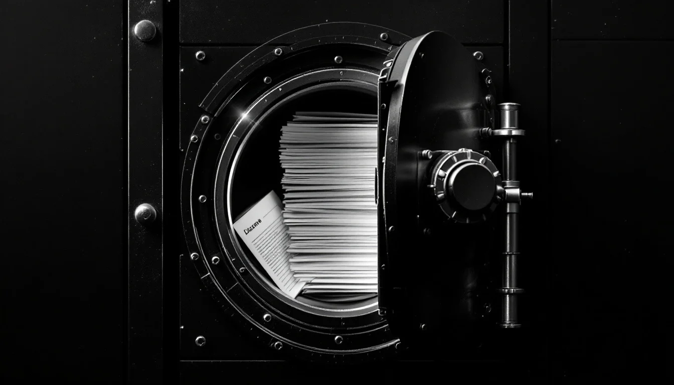 Editorial illustration: A reinforced vault door or secure filing cabinet photographed head-on, partially open to reveal clas — MonstarX