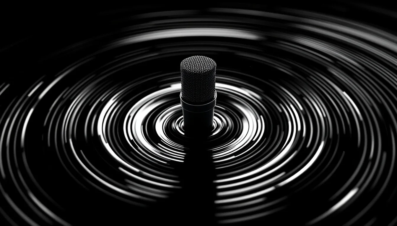Editorial illustration: A microphone positioned at the center of a circular ripple pattern, gradually transforming from simp — MonstarX