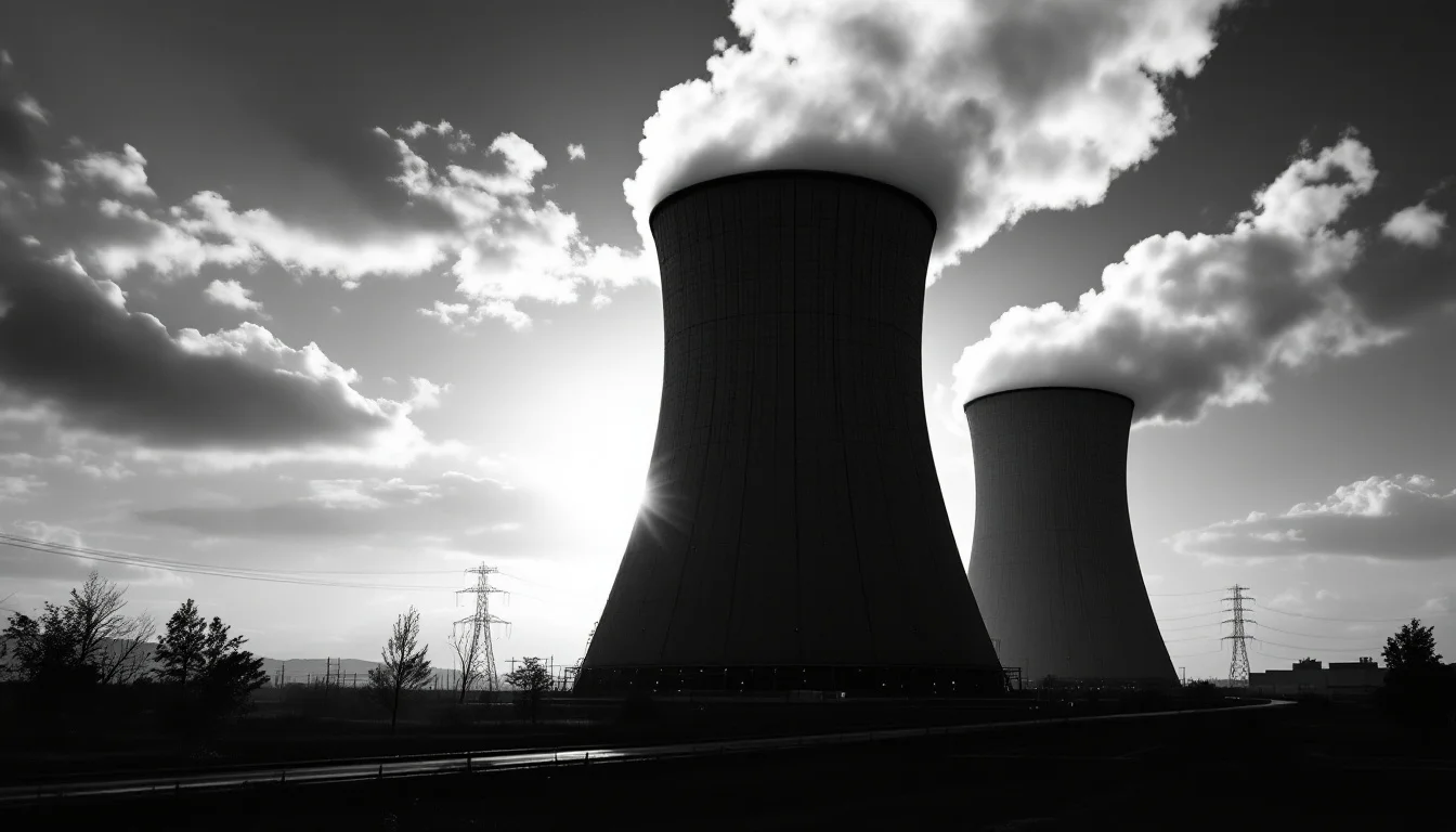Editorial illustration: A massive cooling tower of a nuclear power plant silhouetted against a dramatic sunrise or sunset, s — MonstarX