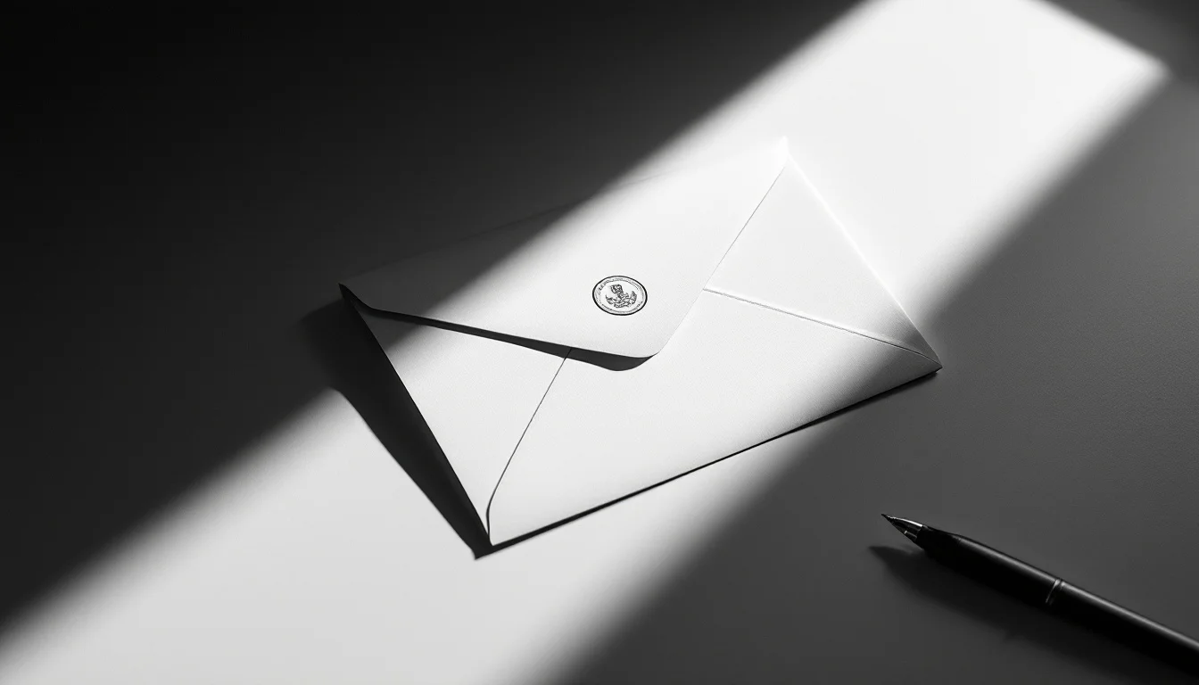 Editorial illustration: A sealed envelope or filing document positioned on a minimalist desk, partially illuminated by harsh — MonstarX