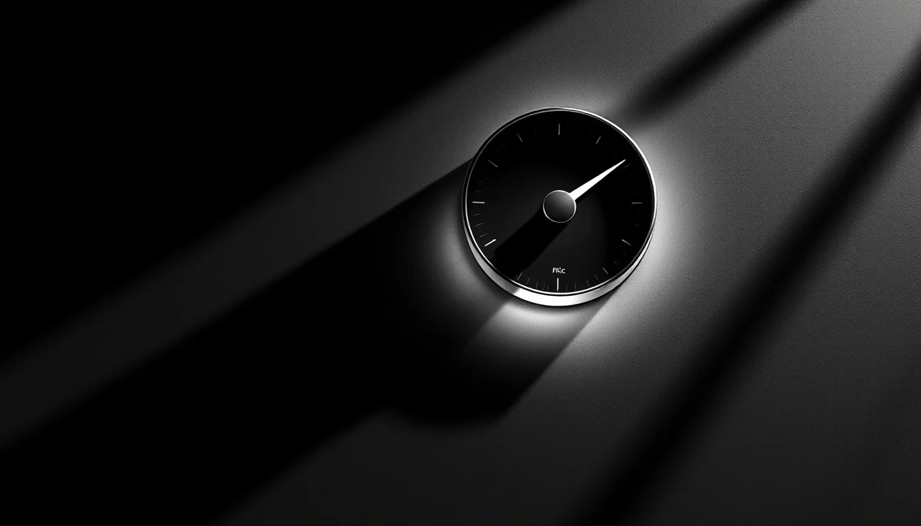 Editorial illustration: A price tag or meter dial photographed from above, needle swinging sharply downward in dramatic shad — MonstarX