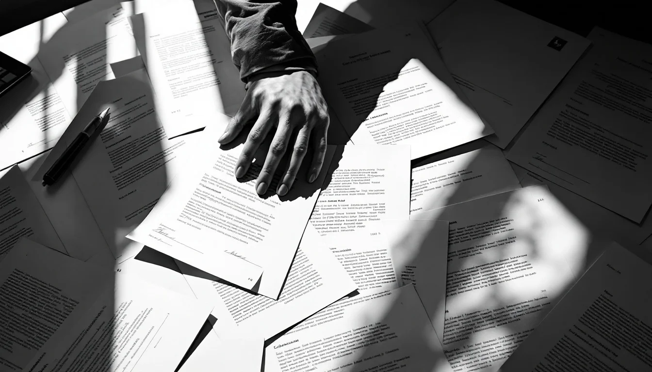 Editorial illustration: A network of interconnected contracts and deal sheets spread across a minimalist desk, with a single — MonstarX