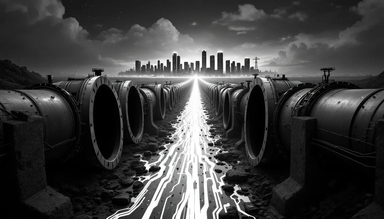 Editorial illustration: A massive industrial pipeline or conduit splitting into two diverging paths—one labeled by subtle ar — MonstarX