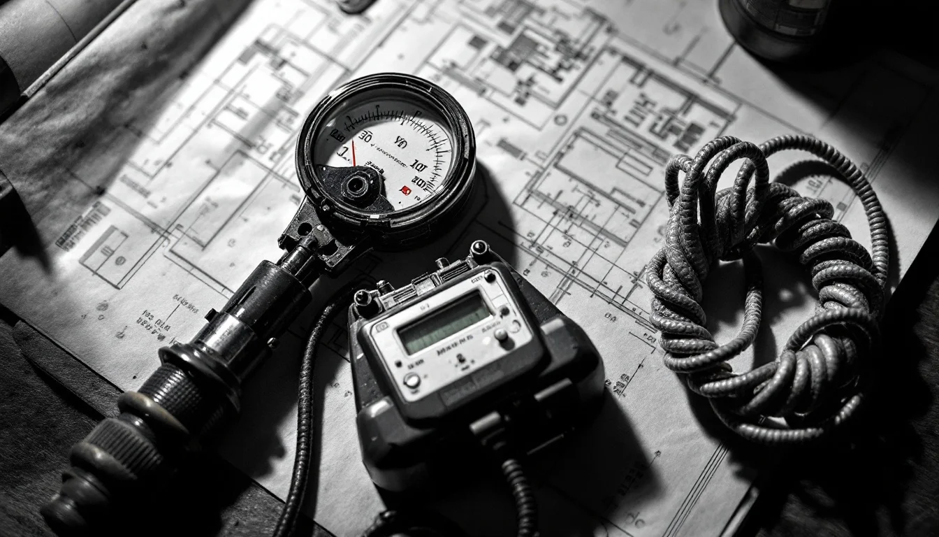 Editorial illustration: A pair of electrical apprenticeship tools—a worn voltmeter and coiled copper wire—resting on an open — MonstarX