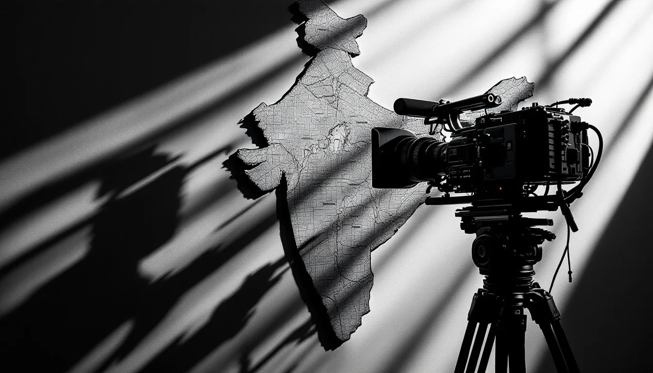 Editorial illustration: A film camera or video production rig positioned against a map or architectural blueprint of India,  — MonstarX