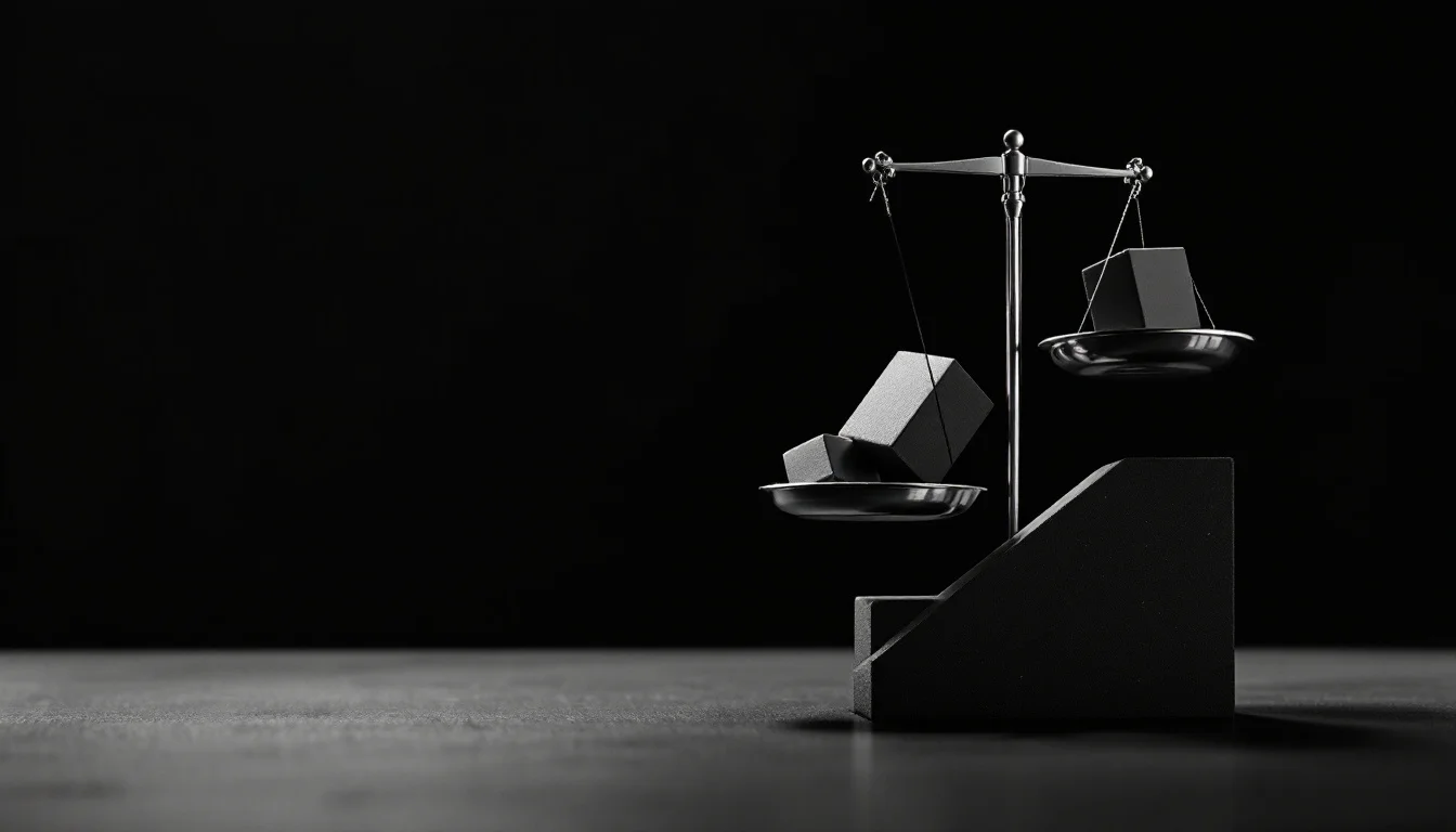Editorial illustration: A scale or balance tipped sharply downward on one side, with geometric weights or blocks stacked une — MonstarX