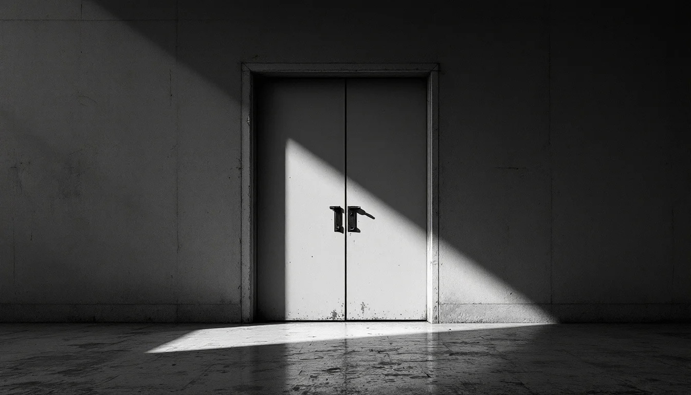 Editorial illustration: A closed door or sealed gateway viewed head-on, with harsh side-lighting creating sharp shadows acro — MonstarX