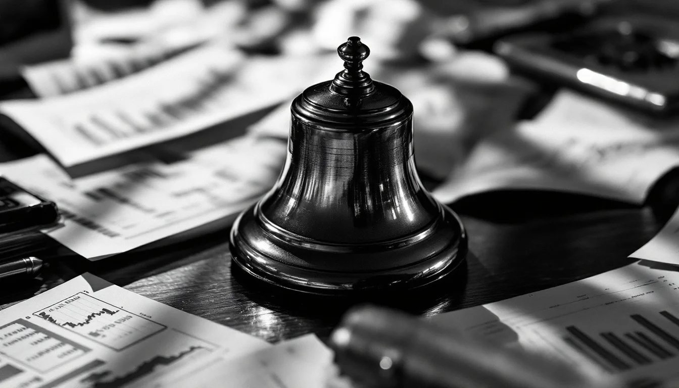 Editorial illustration: A stock exchange bell mounted on a polished desk, captured from a low angle with dramatic sidelighti — MonstarX