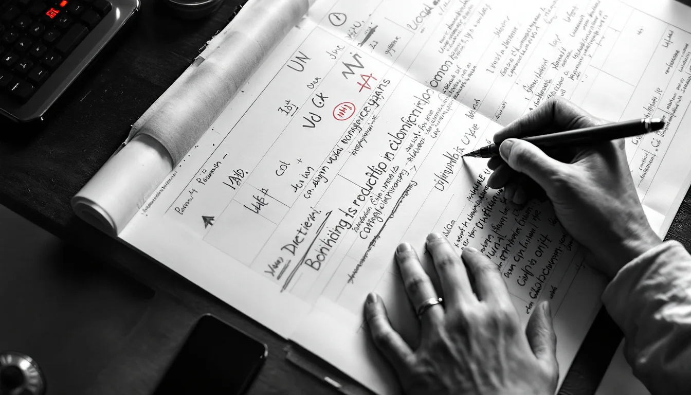 Editorial illustration: A clinical chart or medical record being carefully annotated with a pen, its pages layered and worn  — MonstarX