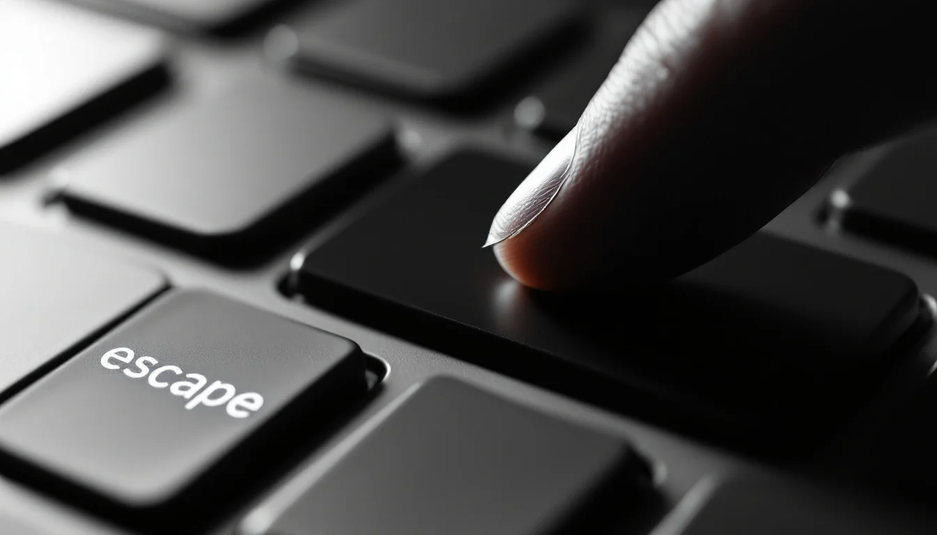 Editorial illustration: A close-up of a computer keyboard with a single finger hovering over the escape key, bathed in stark — MonstarX