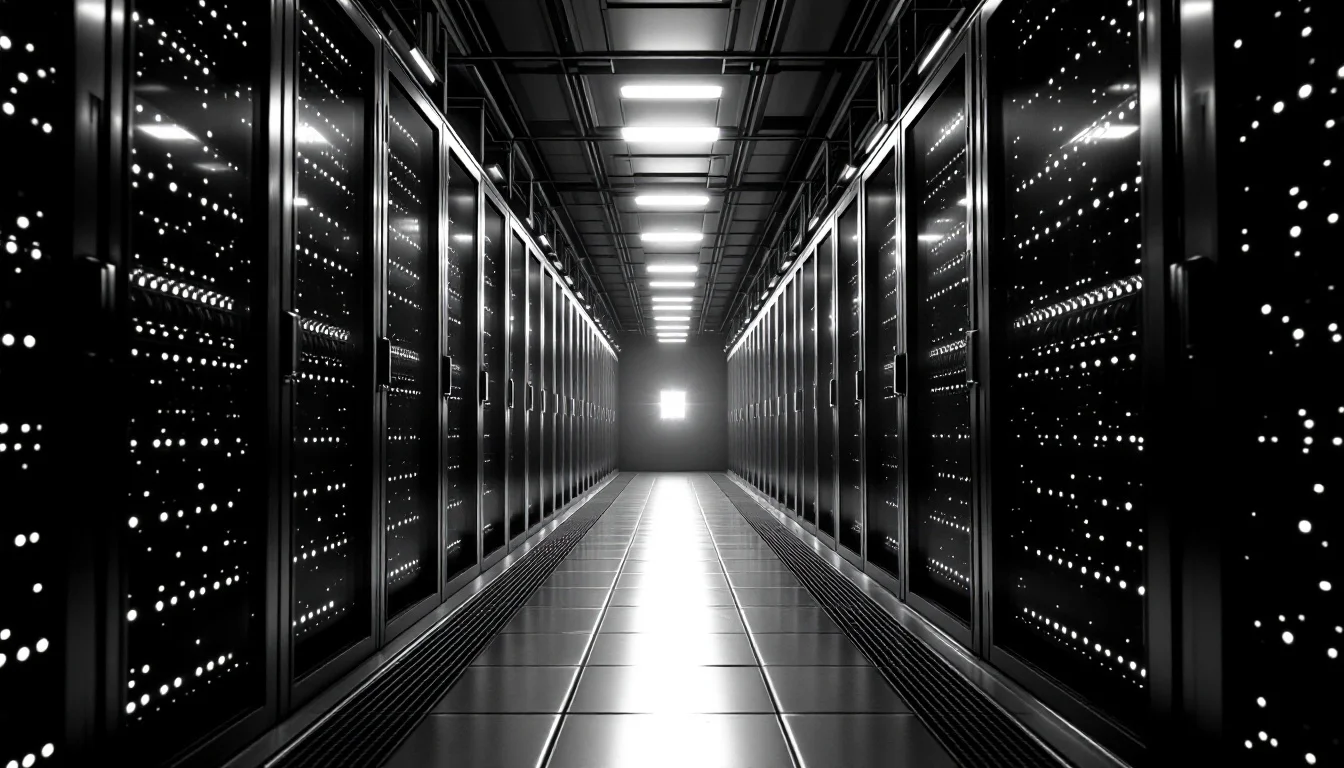 Editorial illustration: A sleek server rack or data center corridor bathed in cool overhead light, with cables converging to — MonstarX