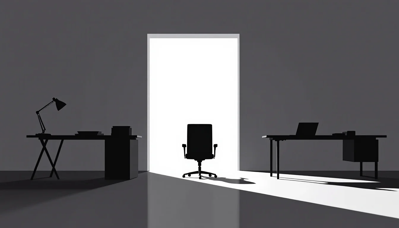 Editorial illustration: A single office chair positioned between two desks in stark silhouette, facing away toward an open d — MonstarX