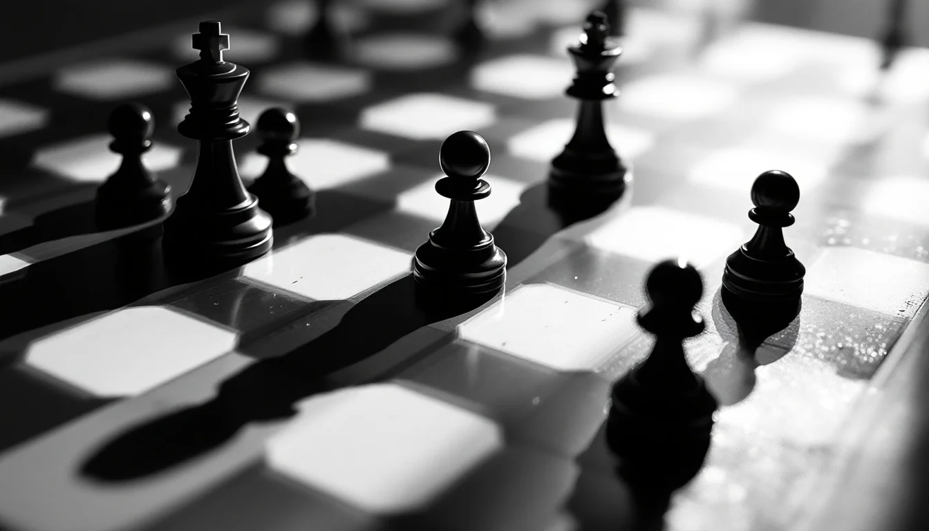 Editorial illustration: A chess board mid-game with one side's pieces removed or toppled, the remaining pieces casting long  — MonstarX