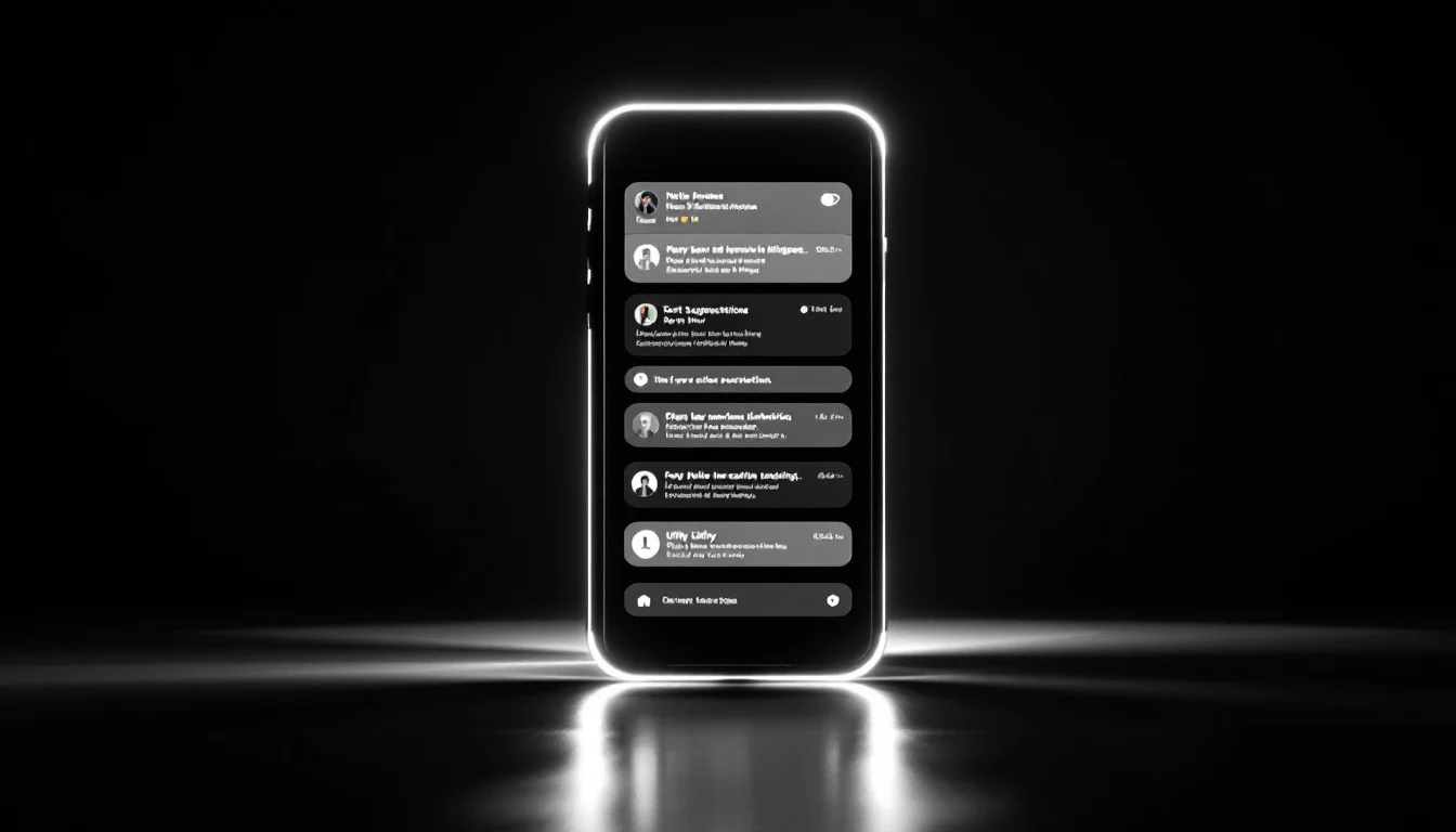 Editorial illustration: A smartphone screen glowing against a dark background, displaying multiple layered interface element — MonstarX