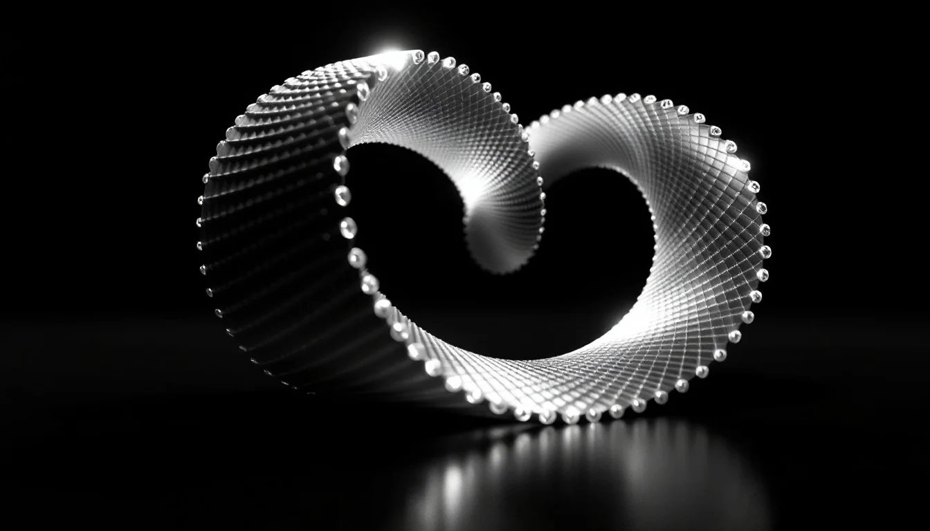 Editorial illustration: A Möbius strip or twisted loop photographed in stark black and white, catching light along its singl — MonstarX