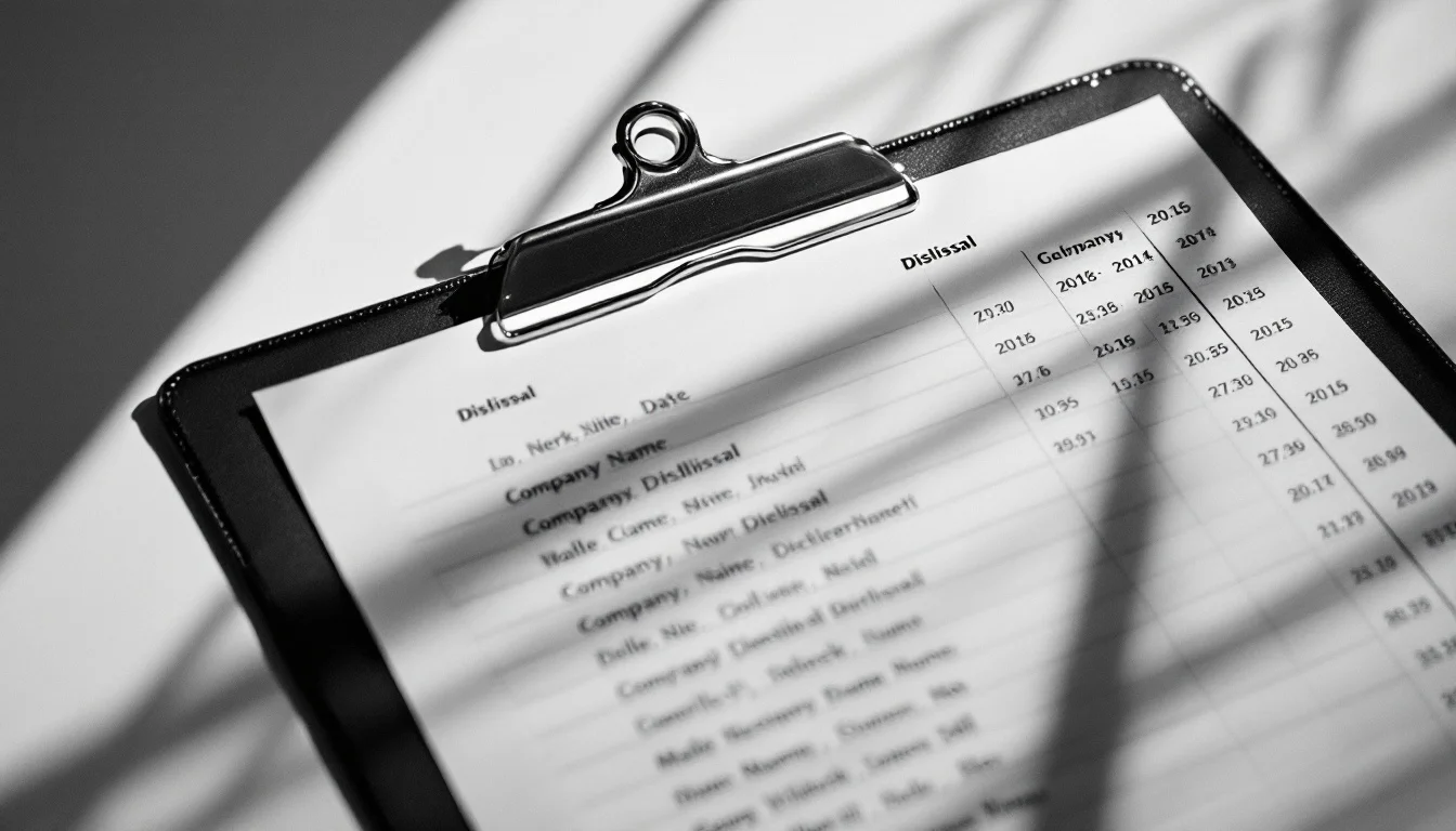 Editorial illustration: A clipboard or ledger lying flat on a desk, its pages filled with rows of dates, company names, and  — MonstarX