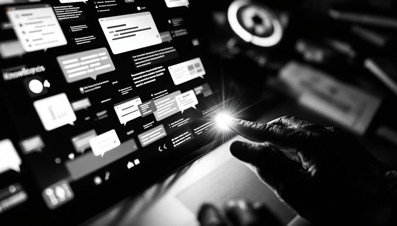 Editorial illustration: A close-up of a computer screen displaying fragmented chat bubbles and message threads overlapping i — MonstarX