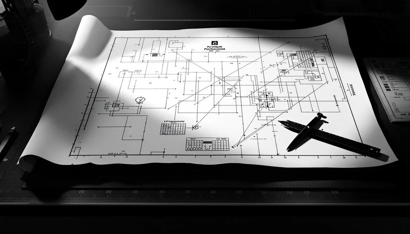 Editorial illustration: A blueprint or technical schematic spread across a drafting table, partially illuminated by harsh ov — MonstarX
