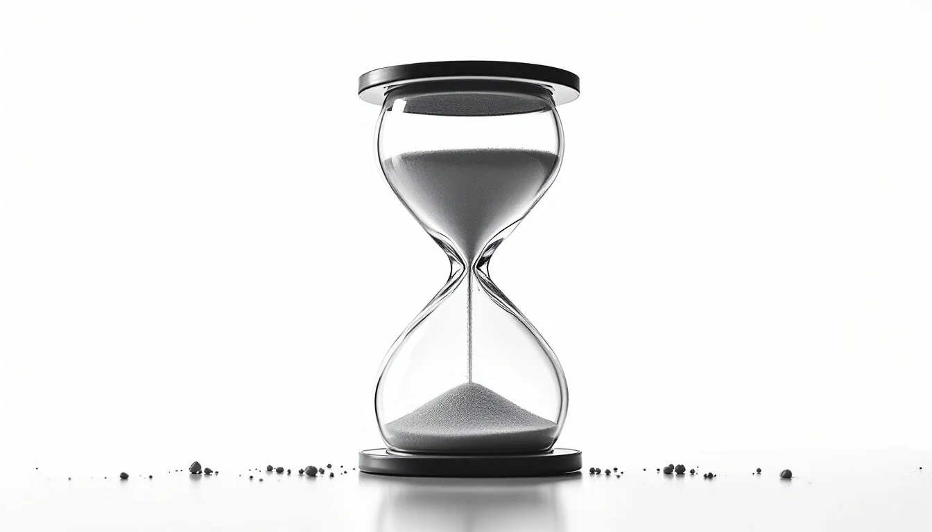 Editorial illustration: A stopwatch or hourglass frozen mid-flow, sand suspended in the narrow passage between chambers. The — MonstarX