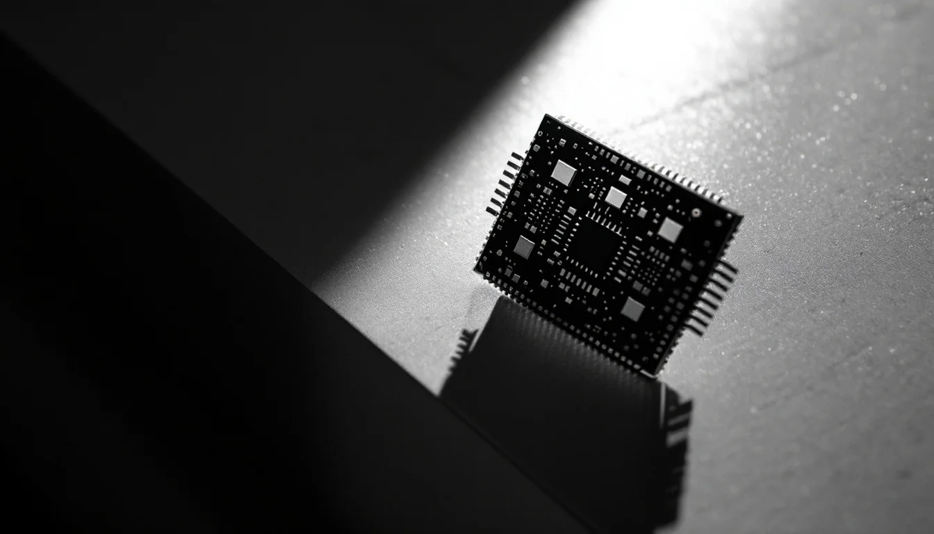 Editorial illustration: A high-performance microchip positioned at the edge of a table or precipice, with dramatic side-ligh — MonstarX
