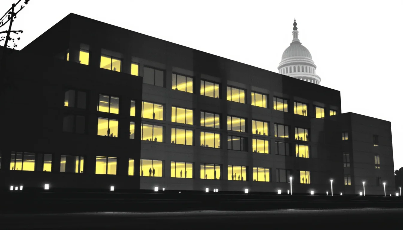 Editorial illustration: A sleek government building or institutional facade with multiple illuminated windows at night, each — MonstarX