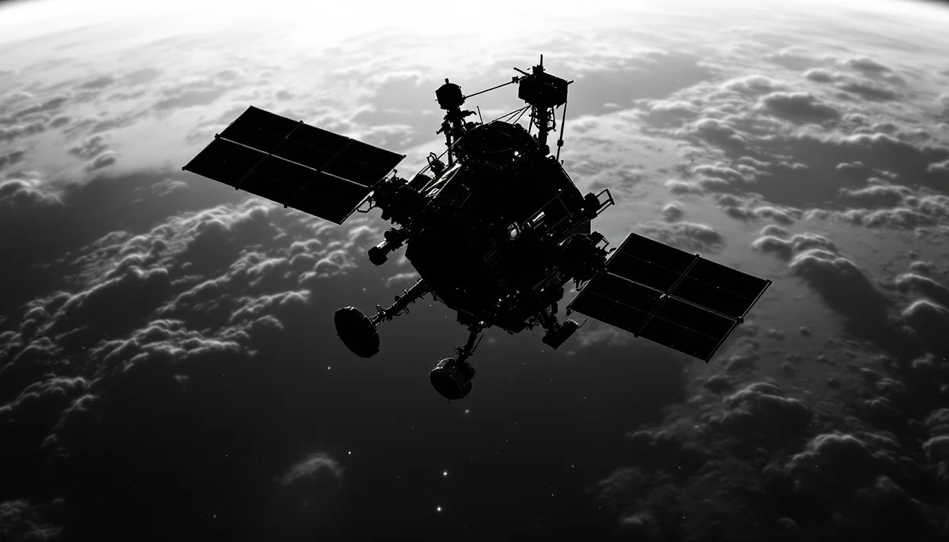 Editorial illustration: A satellite silhouetted against Earth's horizon, its solar panels catching dramatic sidelighting, wi — MonstarX